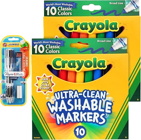 Crayloa Washable Markers & Mechanical Pencils, Includes 2 Boxes Each Containing 10 Washable Crayloa Markers and 3 High Quality Mechanical Pencils, Ideal Broad Line Markers for School Projects for Kids