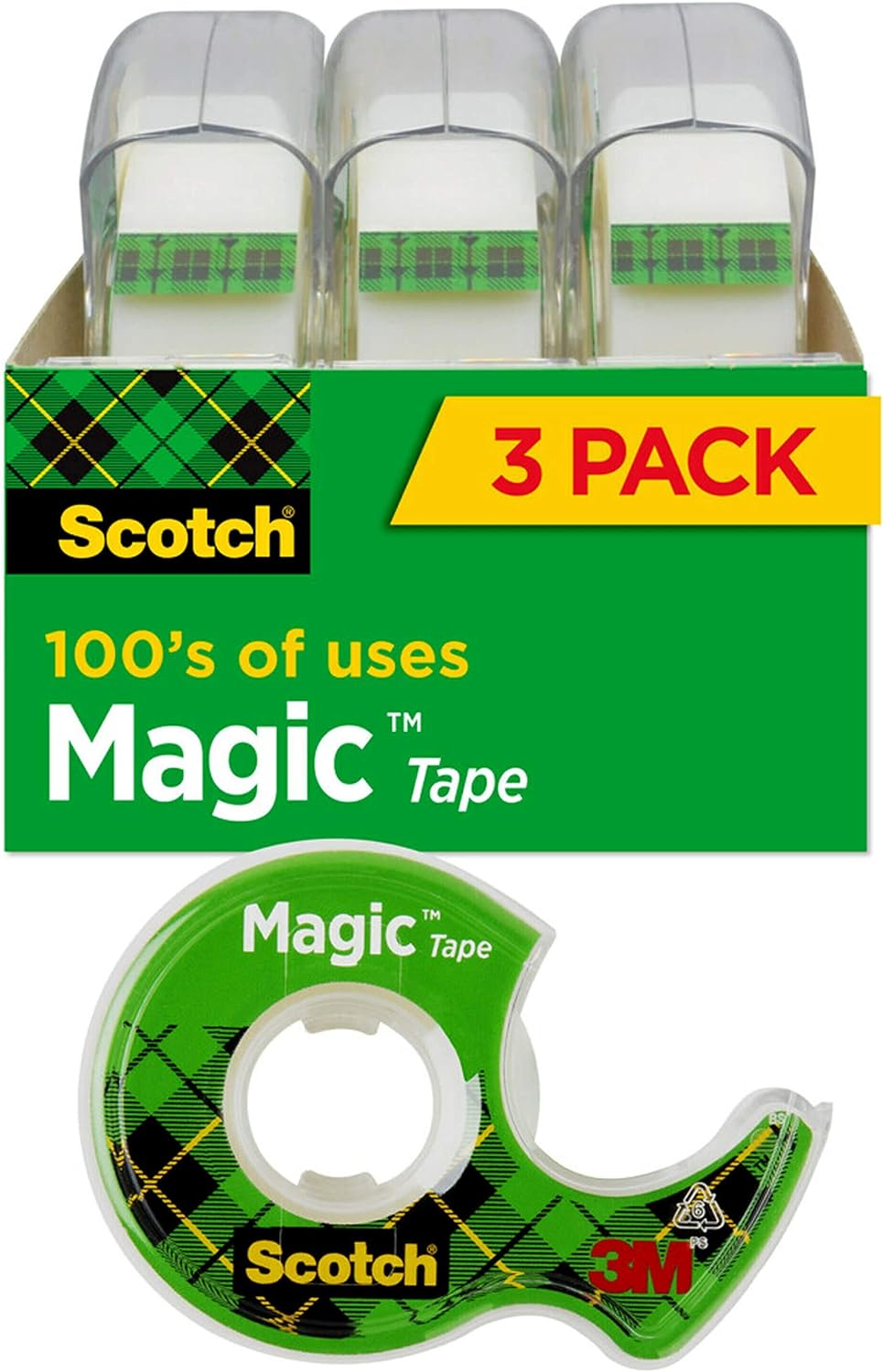 Scotch Magic Tape, 3 Rolls, Numerous Applications, Invisible, Engineered for Repairing, 3/4 x 300 Inches, Dispensered (3105)