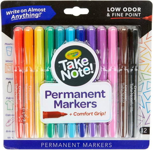 Crayola Take Note Colored Permanent Marker Set, Assorted Colors School Supplies, Fine Tip Markers, 12 Count