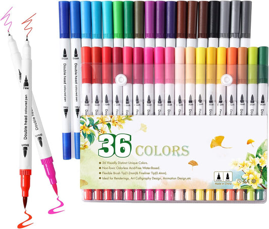36 Colors Brush Tip Markers for Adult Coloring,Coloring Markers for Lettering,Dual Tip Brush Pens for Kids Drawing,Coloring Pens for Art,Journal Planner,Doodle