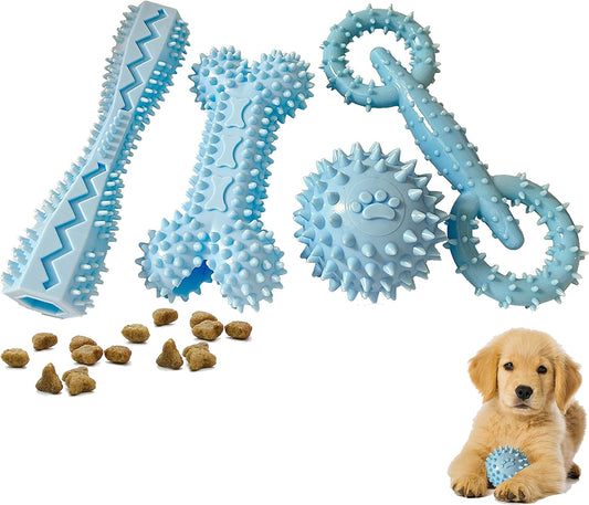 4 Pack Puppy Toys for 2-8 Months Pets Dog Chew Toy for Small Puppies Teething Toys for Cleaning Teeth Food Dispensing Soft Durable Rubber Bone Funny Ball Interactive Donut Treat Dumbbell (Blue)