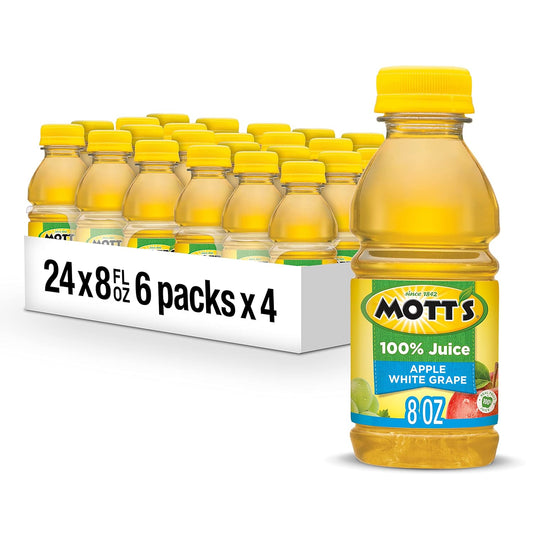 Mott's 100% Apple White Grape Juice, 8 Fl Oz Bottles, 24 Count (4 Packs Of 6), No Added Sugar, Excellent Source Of Vitamin C, 2 Servings Of Fruit Per Bottle, Gluten & Caffeine Free, On-the-go