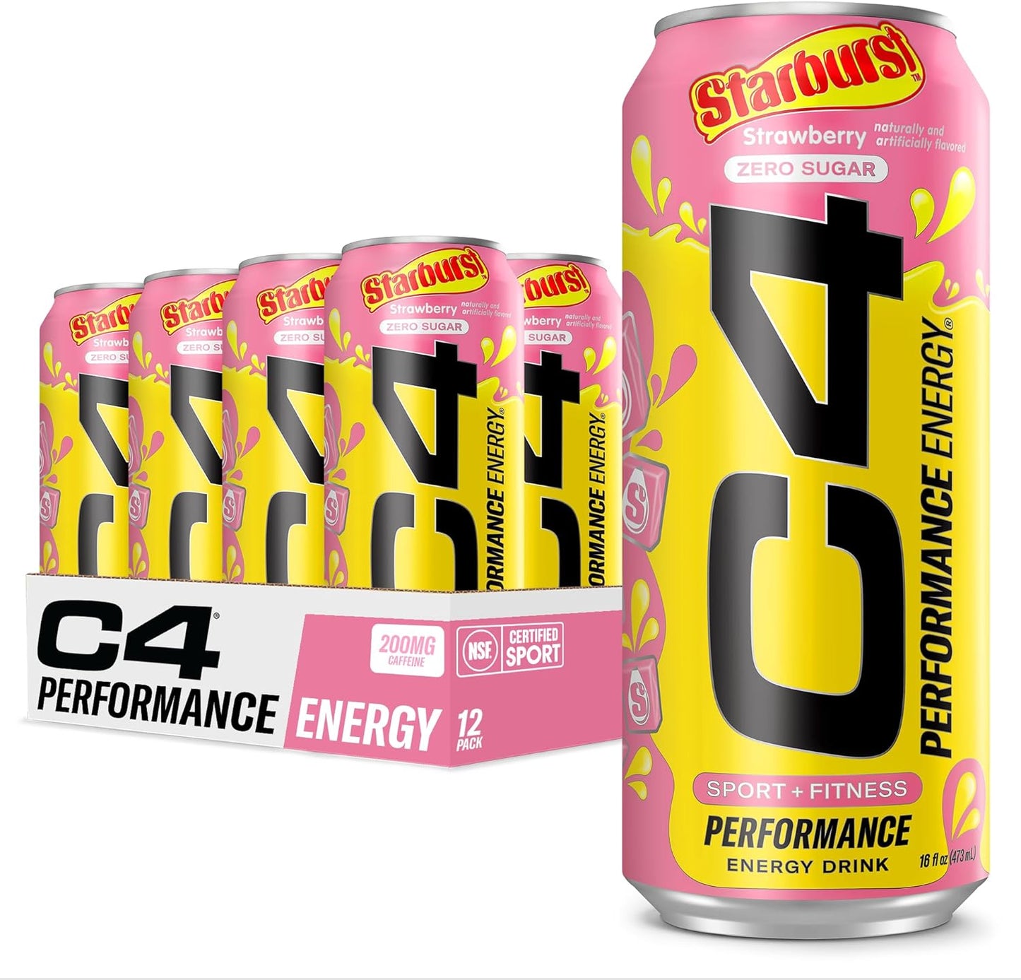 C4 Performance Energy Drink, STARBURST™ Strawberry, Sugar Free Pre Workout Carbonated Drink with no Artificial Colors or Dyes, (16 fl. oz Pack of 12)