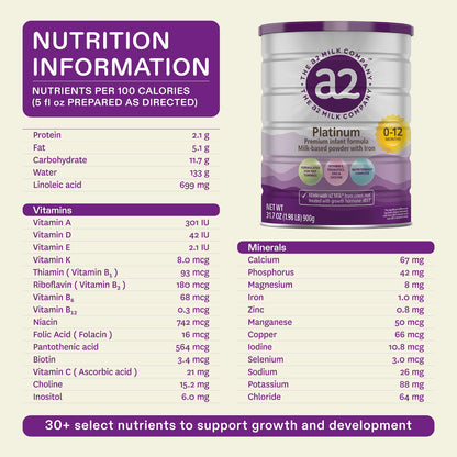 a2 Platinum® Premium Infant Formula for Babies ages 0-12 Months, Milk-Based Powder with Iron. Nutritionally Complete, made with pure and natural a2 Milk® - 14.1 - oz Can