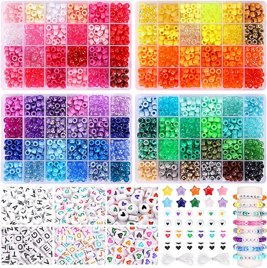 QUEFE 3250pcs Pony Beads Set, Friendship Bracelet Kit Kandi Beads 2400pcs Rainbow Beads in 96 Colors, 800pcs Letter and Heart Beads with 20 Meter Elastic Threads for Jewelry Necklace Making