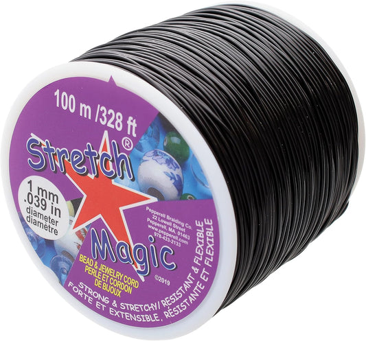 Stretch Magic Bead & Jewelry Cord - Strong & Stretchy, Easy to Knot - Black Color - 1mm Diameter - 100-Meter (328 ft) Spool - Elastic String for Making Bead