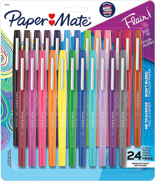 Paper Mate Felt Tip Pens Flair Marker Pens, Medium Point, Assorted, 24 Count
